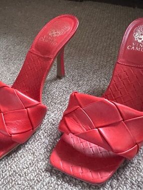Vince Camuto Red Woven Leather High Heel Slide Mules